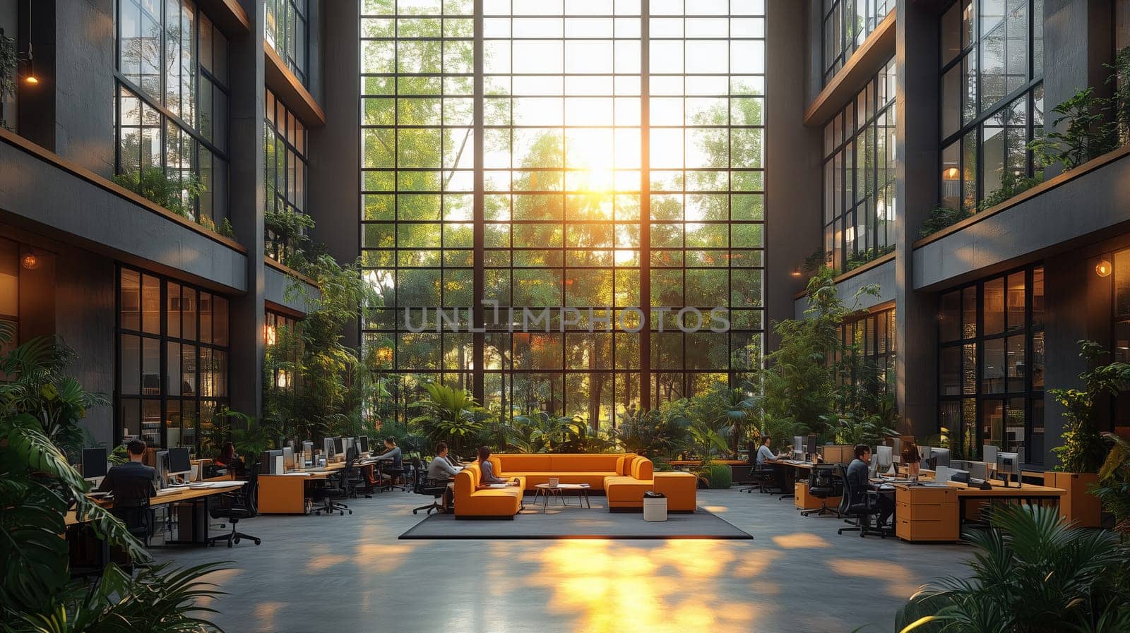 Spacious office space featuring lush green plants, vibrant orange furniture, natural lighting, and a biophilic design for a relaxing work environment.