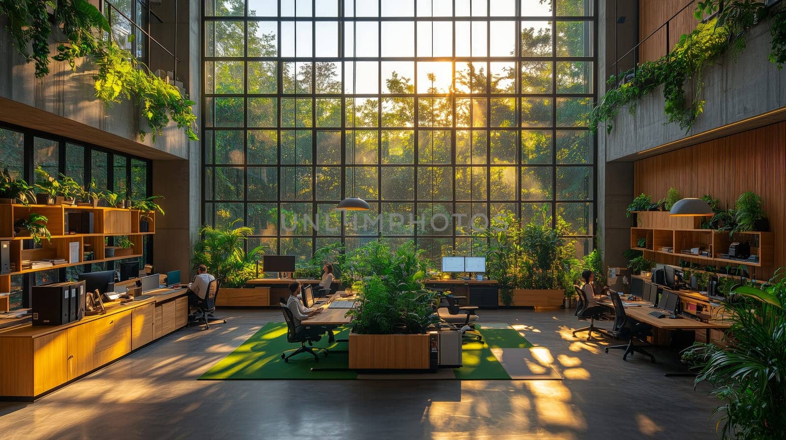 Modern sustainable office space featuring natural light, lush green plants, wooden furniture, and a bright, eco-friendly workspace design.
