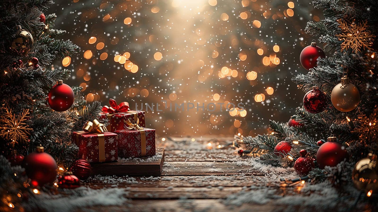 Christmas-themed scene with red and gold gift boxes, snow-dusted wooden surface, and bokeh lighting in the background.