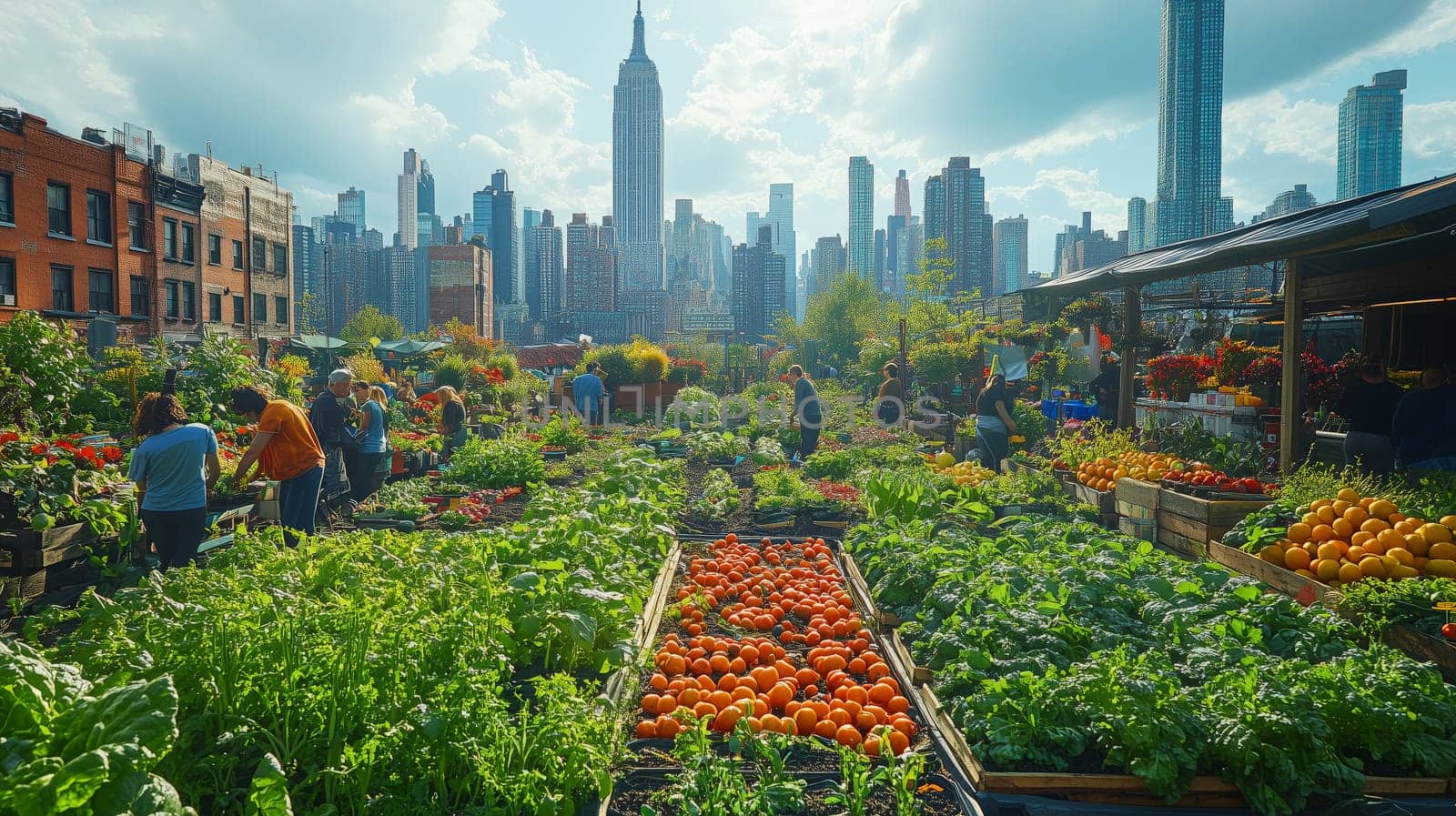 A bustling rooftop garden in the city with people harvesting fresh vegetables and vibrant produce, framed by urban skyscrapers on a sunny day.