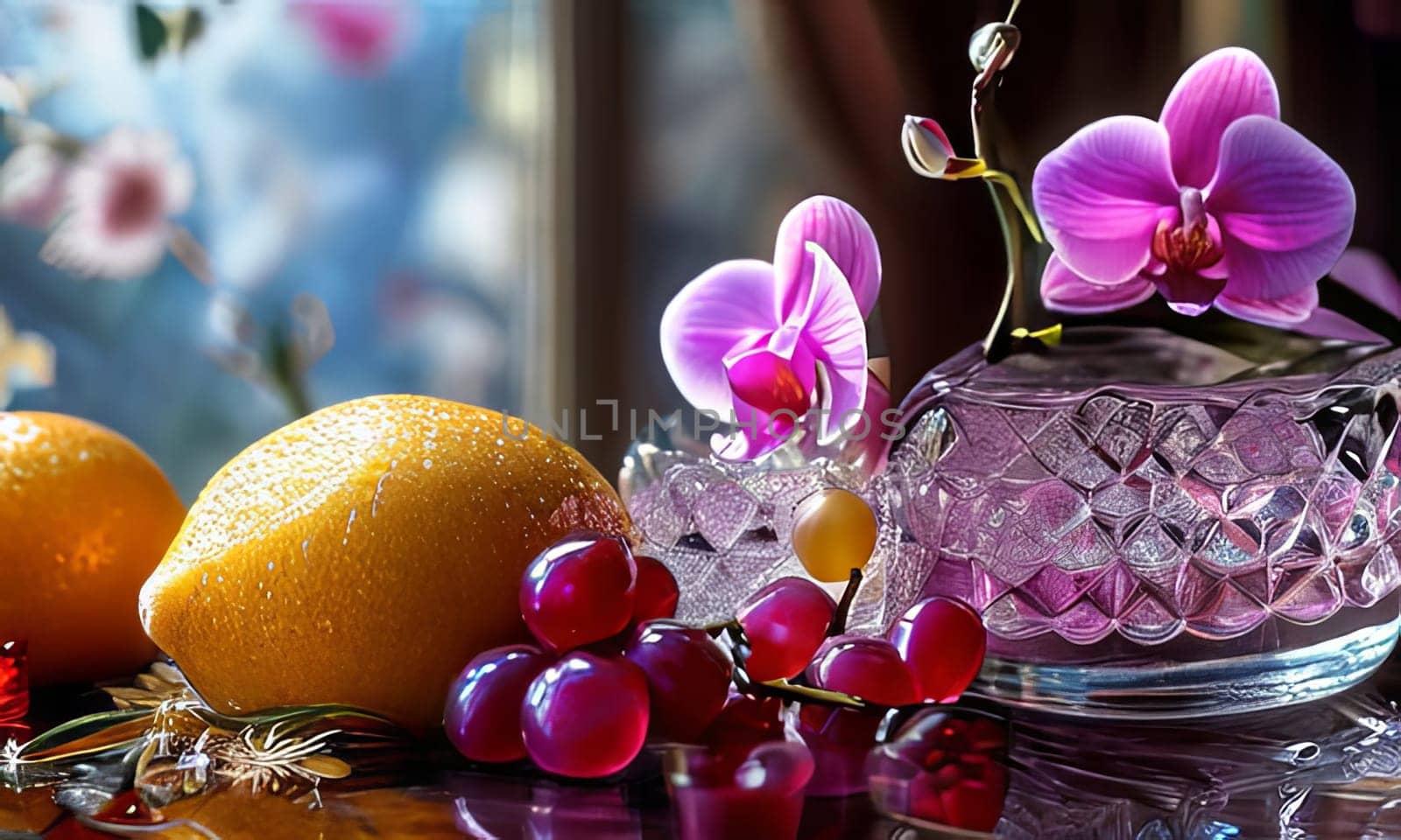 Captivating purple orchid beside glass filled with ice, lemon, and colorful spheres. Ideal for fresh, vibrant designs in wellness, floral, or culinary contexts