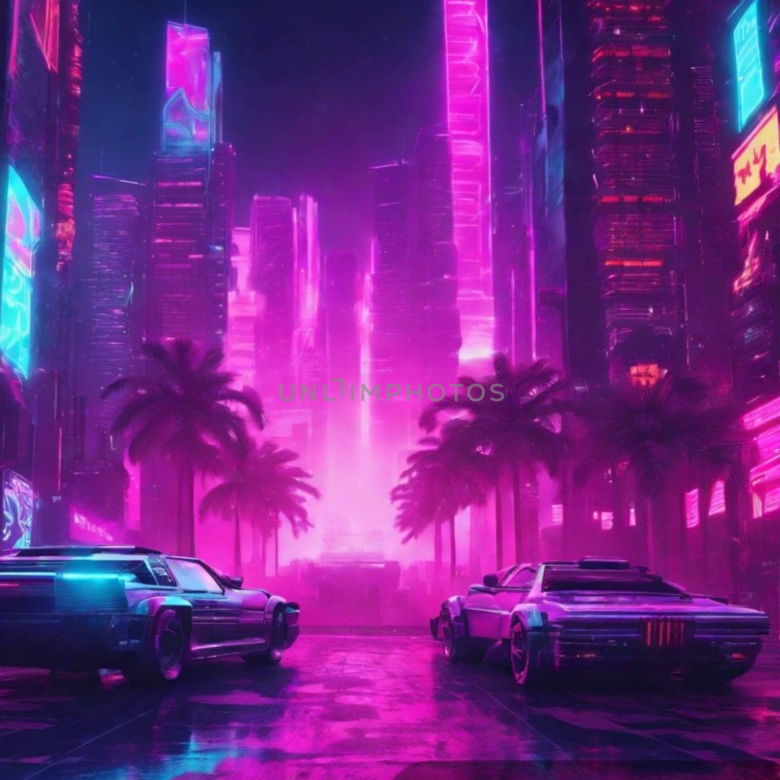futurism city purple blue tone, modern cars, neon. High quality illustration