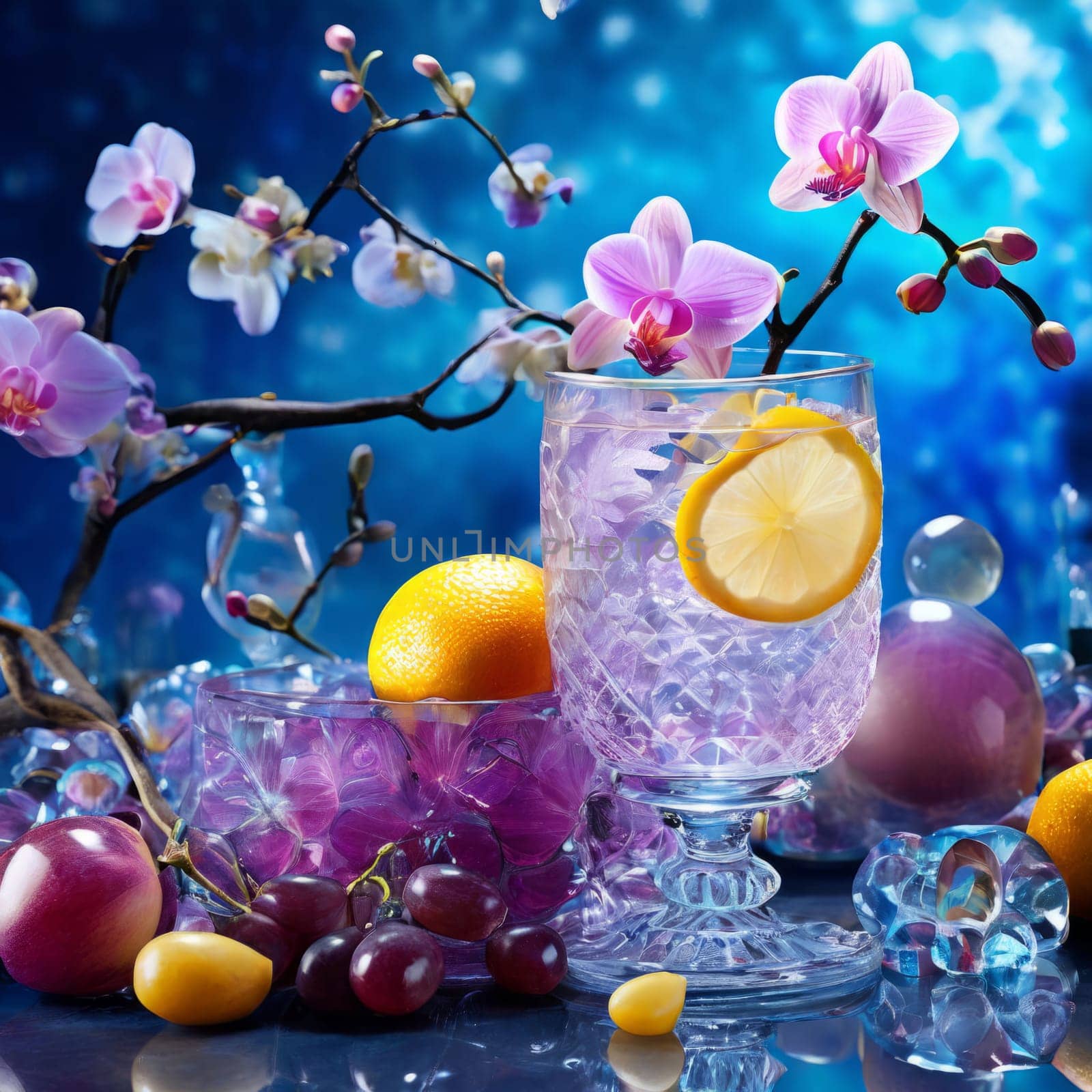 Purple orchid with ice-filled glass, lemon, and colorful spheres. Bright, modern aesthetic suitable for beverage, wellness, or floral promotions. Eye-catching and fresh