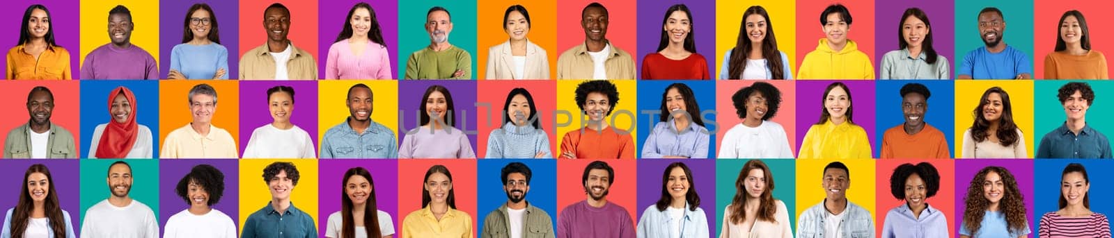 This colorful composition showcases a diverse collection of joyful people from various backgrounds. Each face reflects happiness and the beauty of global unity in an engaging mosaic.