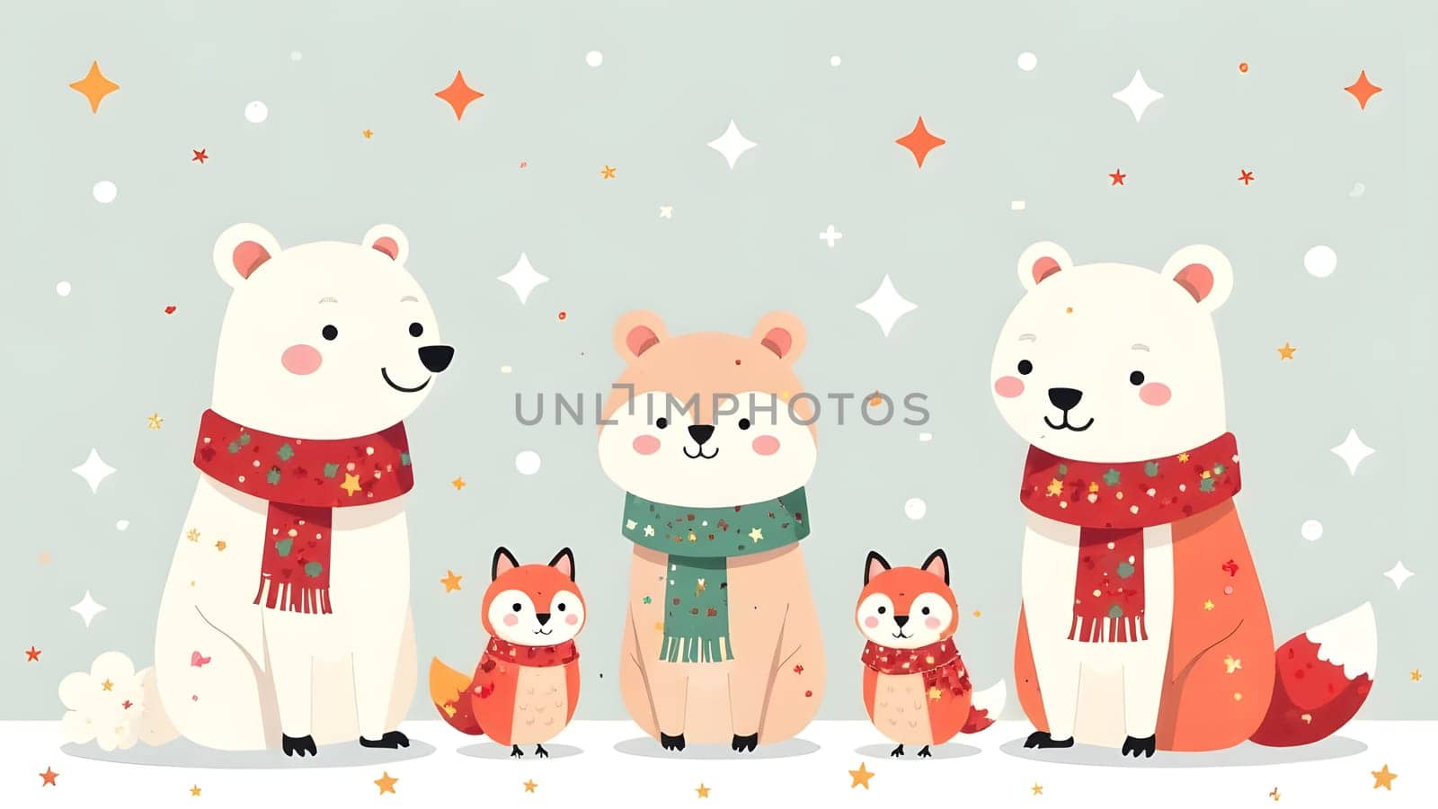 Adorable polar bears, foxes, and owls wearing festive scarves star in this seamless design. Surrounded by snowflakes and stars, these animals create a whimsical scene on a pale gray background.
