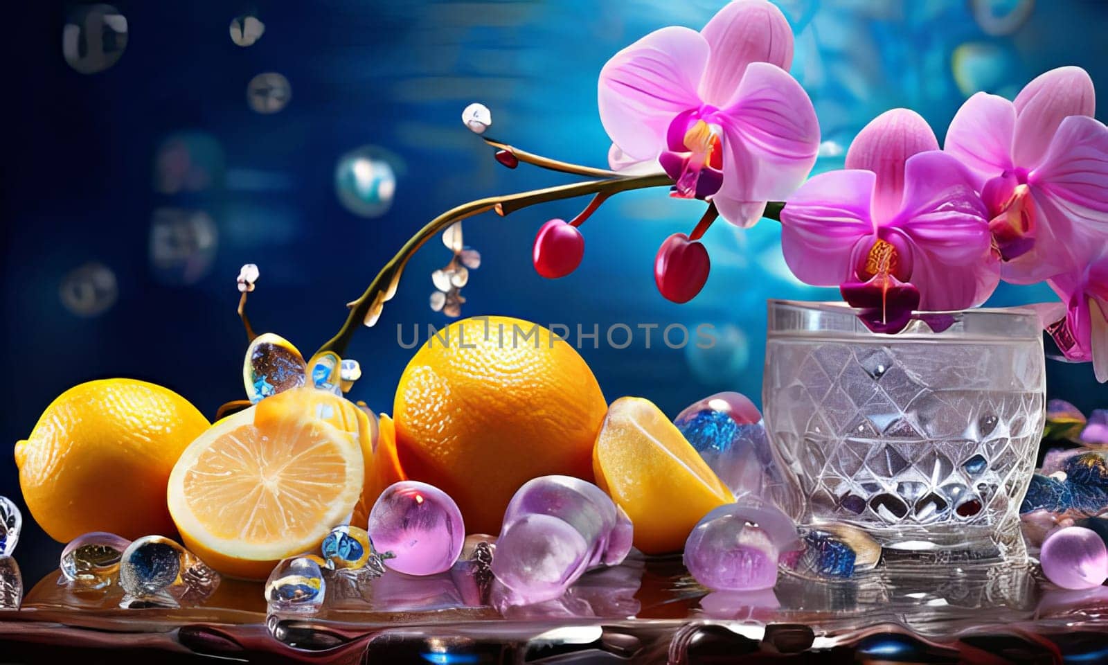 Dynamic scene with purple orchid, crystal glass of ice, lemon, and colorful spheres. Vibrant colors and modern design perfect for beverage or wellness themes