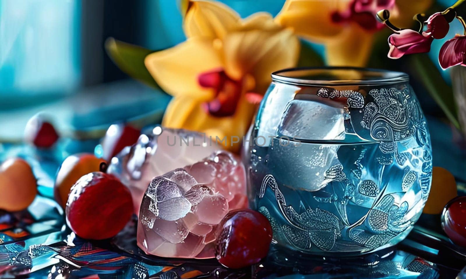 Dynamic scene with purple orchid, crystal glass of ice, lemon, and colorful spheres. Vibrant colors and modern design perfect for beverage or wellness themes