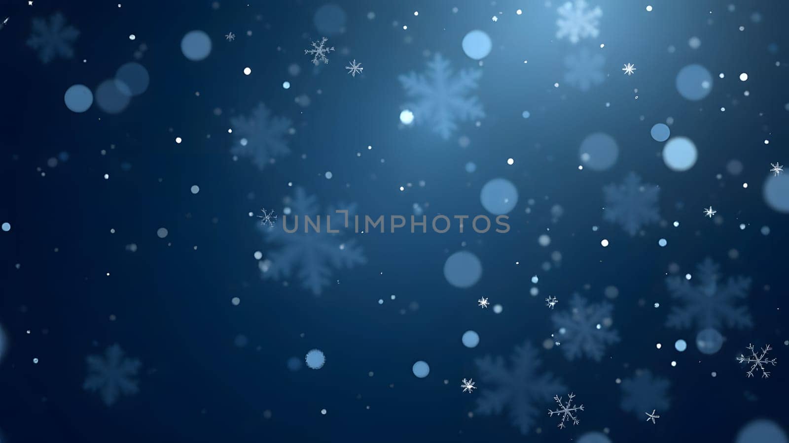Graceful snowflakes float downward in image, shimmering softly against a serene blue gradient backdrop, evoking peaceful winter vibes.