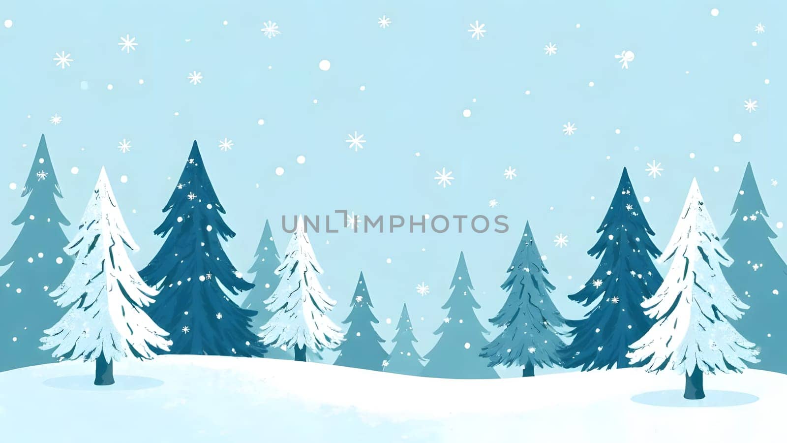 A tranquil snowy forest pattern featuring tall, stylized pine trees dusted with snowflakes, set against a pale blue background.