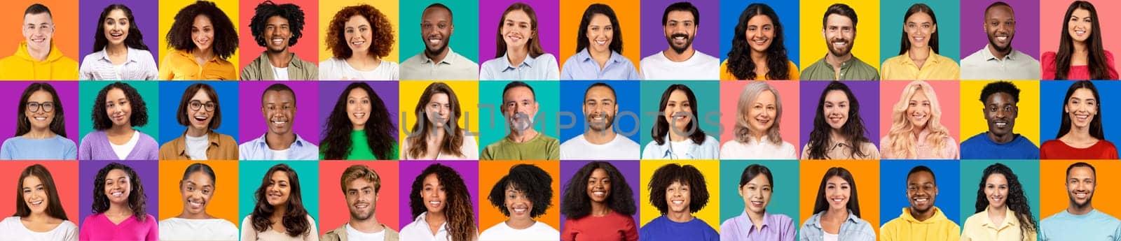 A vibrant collage showcases a variety of happy faces from different cultures and backgrounds. Each individual exudes joy, emphasizing the beauty of unity in diversity.