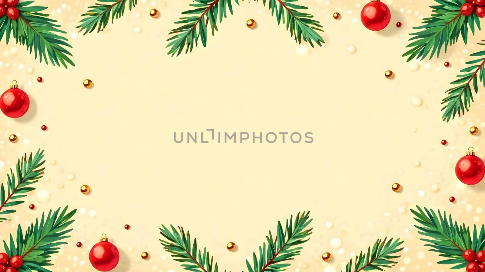 Green pine branches, pinecones, and vivid holly berries combine with golden ornaments in a seamless tileable pattern on a textured warm beige background, evoking classic holiday charm.