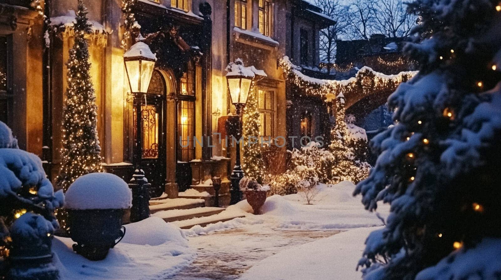 Country manor decorated for Christmas, Merry Christmas holiday idea