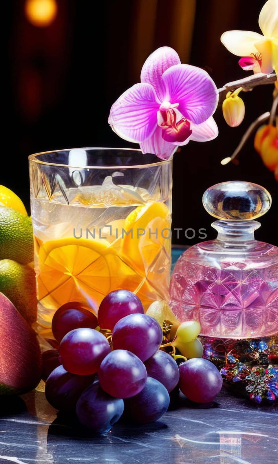 Purple orchid, ice-filled glass, lemon, and vibrant spheres. Fresh and modern, perfect for wellness, beverage, or floral themes. Bright and visually appealing