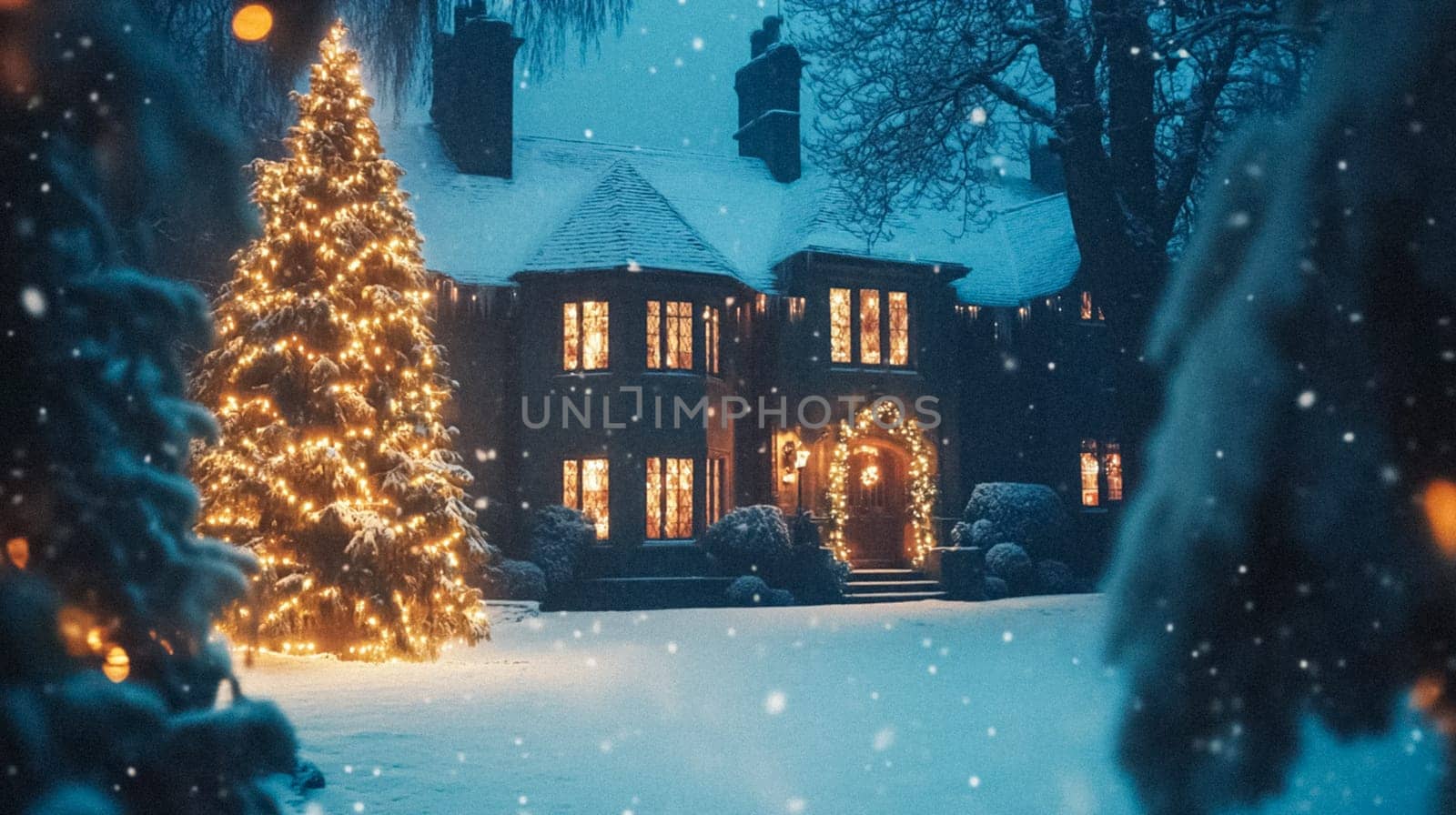 Country manor decorated for Christmas, Merry Christmas holiday idea