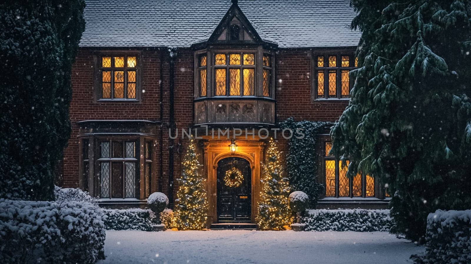 Country manor decorated for Christmas, Merry Christmas holiday idea
