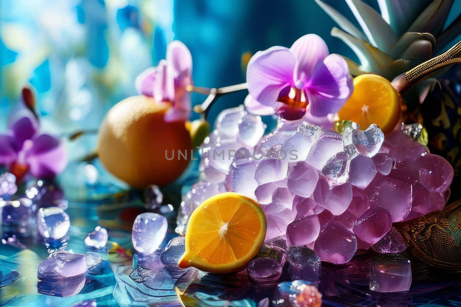 Purple orchid, ice-filled glass, lemon, and vibrant spheres. Fresh and modern, perfect for wellness, beverage, or floral themes. Bright and visually appealing