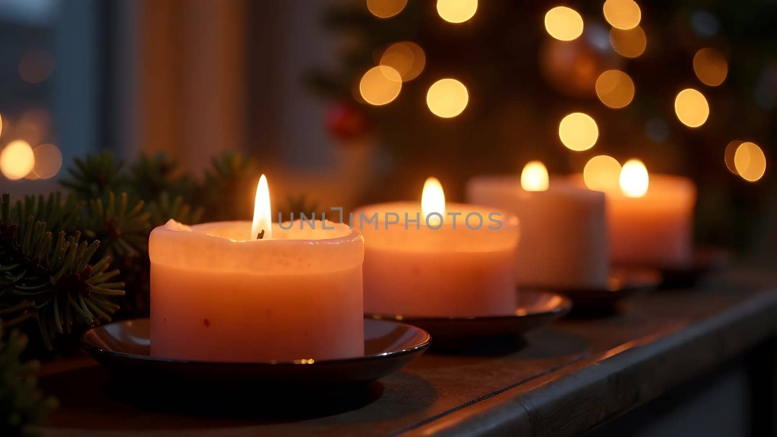 A cozy image of flickering candles casting a warm glow, complemented by softly twinkling Christmas lights in a blurred home setting.