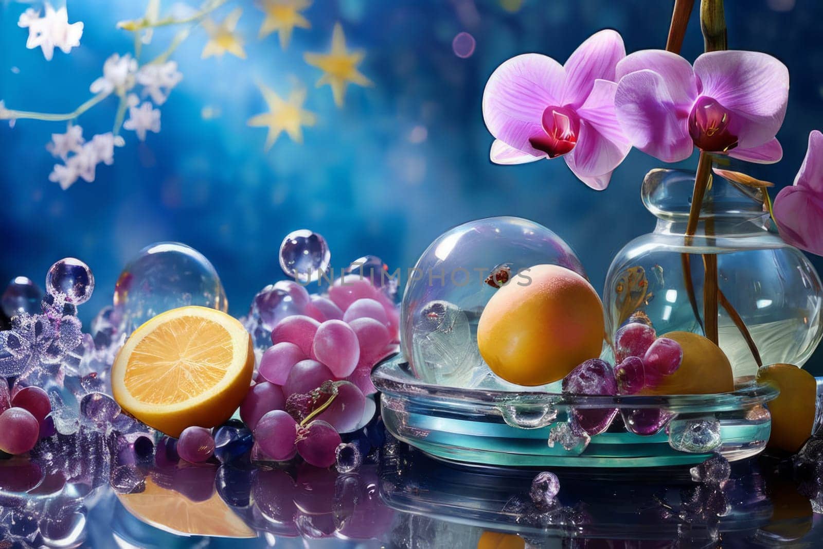Purple orchid, ice-filled glass, lemon, and vibrant spheres. Fresh and modern, perfect for wellness, beverage, or floral themes. Bright and visually appealing