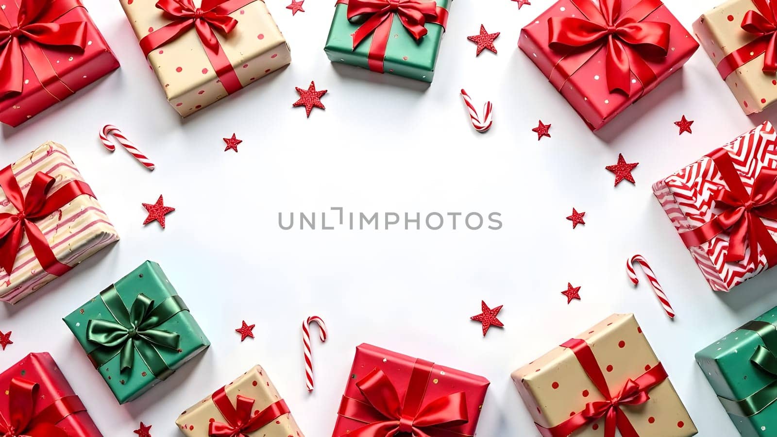 Colorful wrapped presents with big bows, candy canes, and little stars form a seamless, symmetrical design on a vibrant white background, creating a joyful, celebratory atmosphere for the holidays.