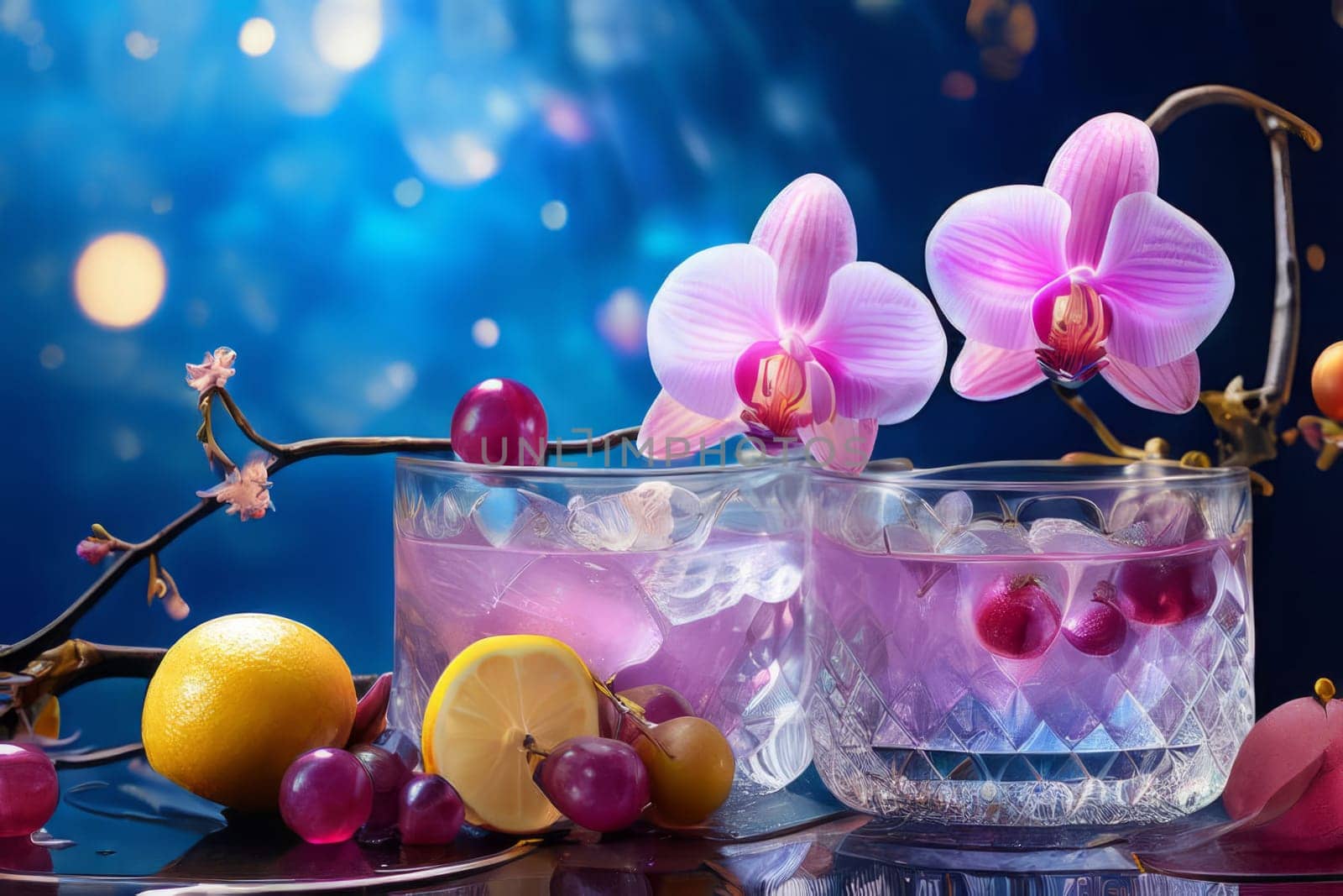 Purple orchid, ice-filled glass, lemon, and vibrant spheres. Fresh and modern, perfect for wellness, beverage, or floral themes. Bright and visually appealing