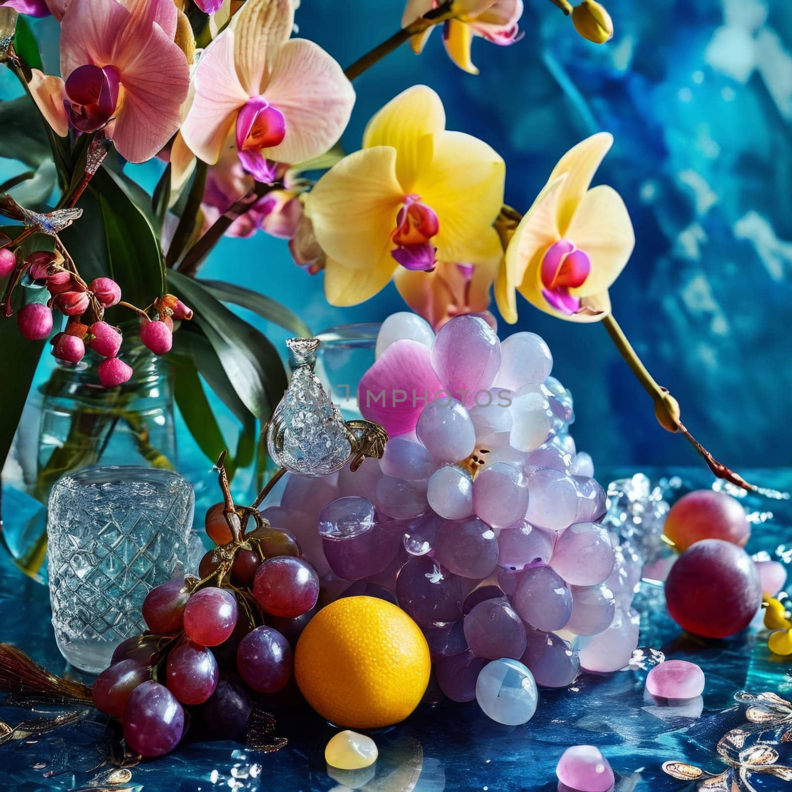 Beautiful purple orchid with ice-filled glass, lemon, and colorful spheres. Modern and fresh design ideal for vibrant, eye-catching promotions