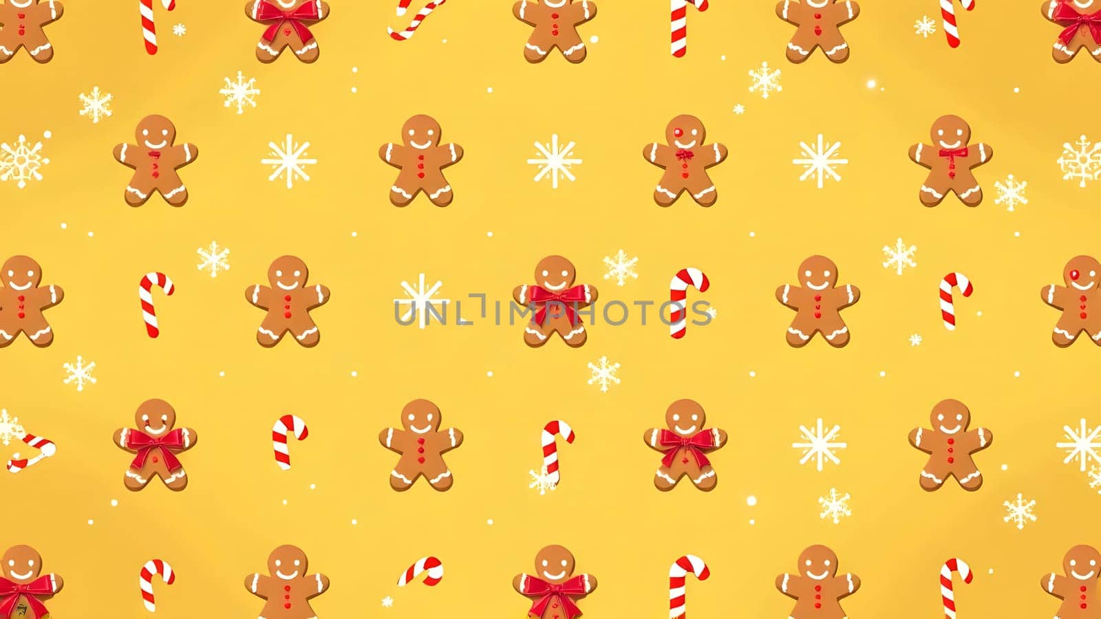 A seamless pattern of gingerbread cookies, candy canes, and sparkling snowflakes, playfully arranged on a radiant gold backdrop to create a festive and joyful holiday vibe.