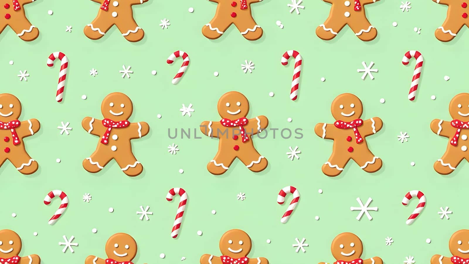 A playful seamless pattern showcasing gingerbread cookies, red-and-white candy canes, and delicate snowflakes, symmetrically arranged on a soft light green background, perfect for a whimsical Christmas vibe.