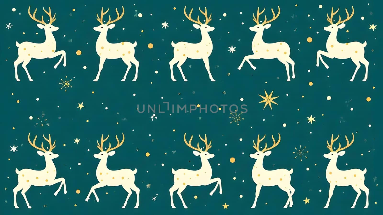 A seamless repeating pattern of minimalist reindeer silhouettes in white and gold, adorned with scattered stars and swirling snow, set against a deep emerald blue background for a festive and elegant design.