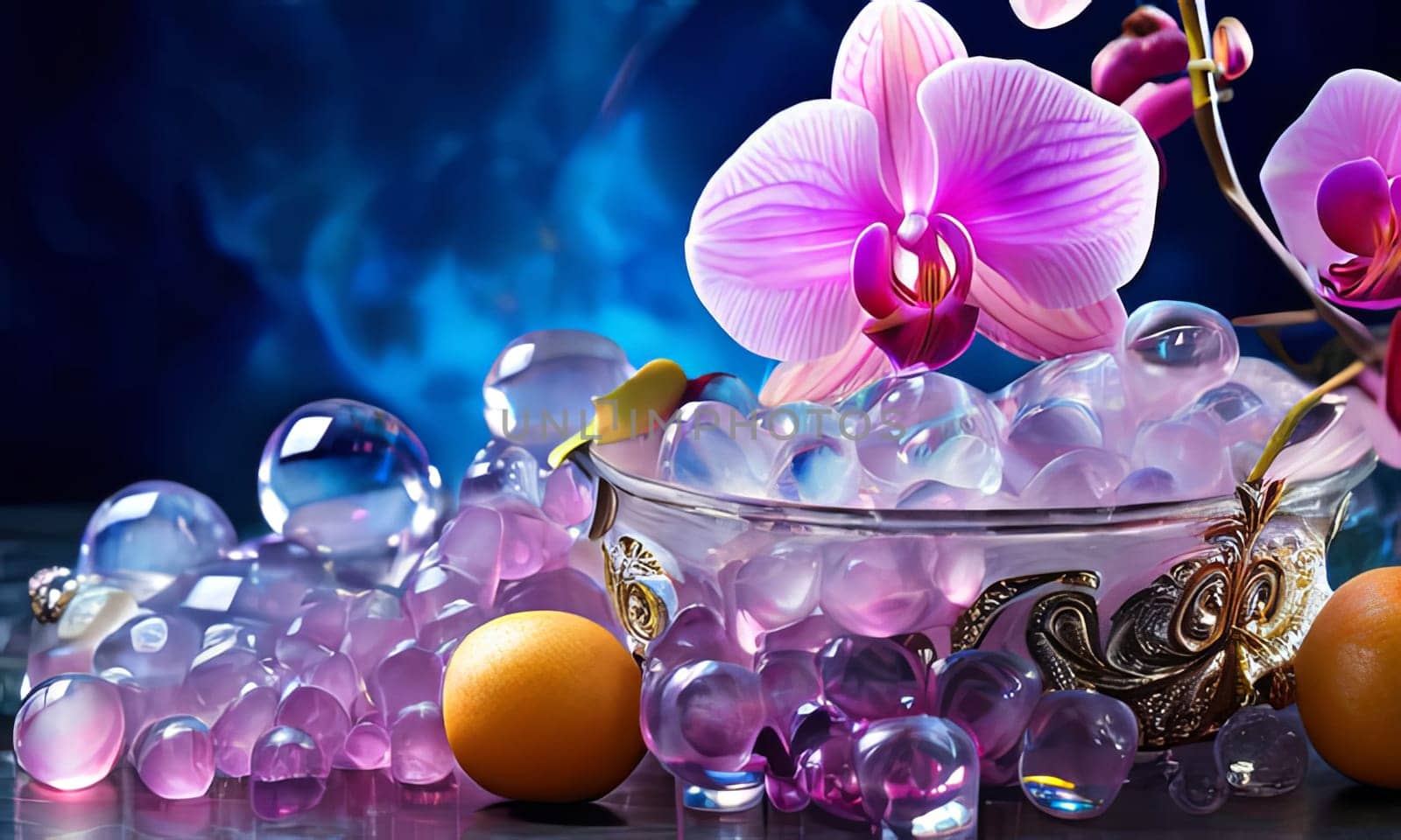 Purple orchid with crystal glass, ice, lemon, and vibrant spheres. Perfect for fresh, colorful compositions in beverage, wellness, or floral contexts