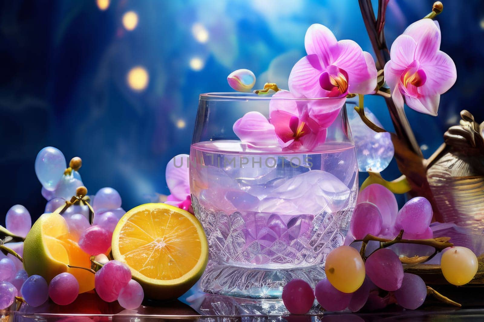 Purple orchid with crystal glass, ice, lemon, and vibrant spheres. Perfect for fresh, colorful compositions in beverage, wellness, or floral contexts