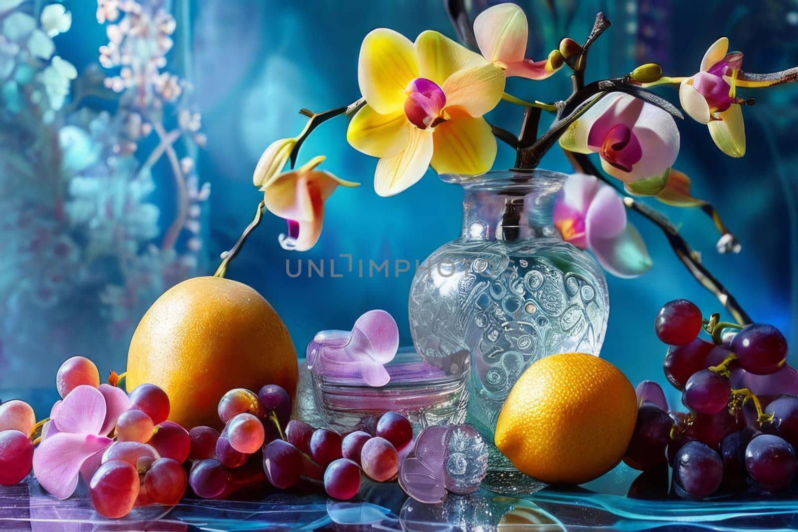 Purple orchid with crystal glass, ice, lemon, and vibrant spheres. Perfect for fresh, colorful compositions in beverage, wellness, or floral contexts