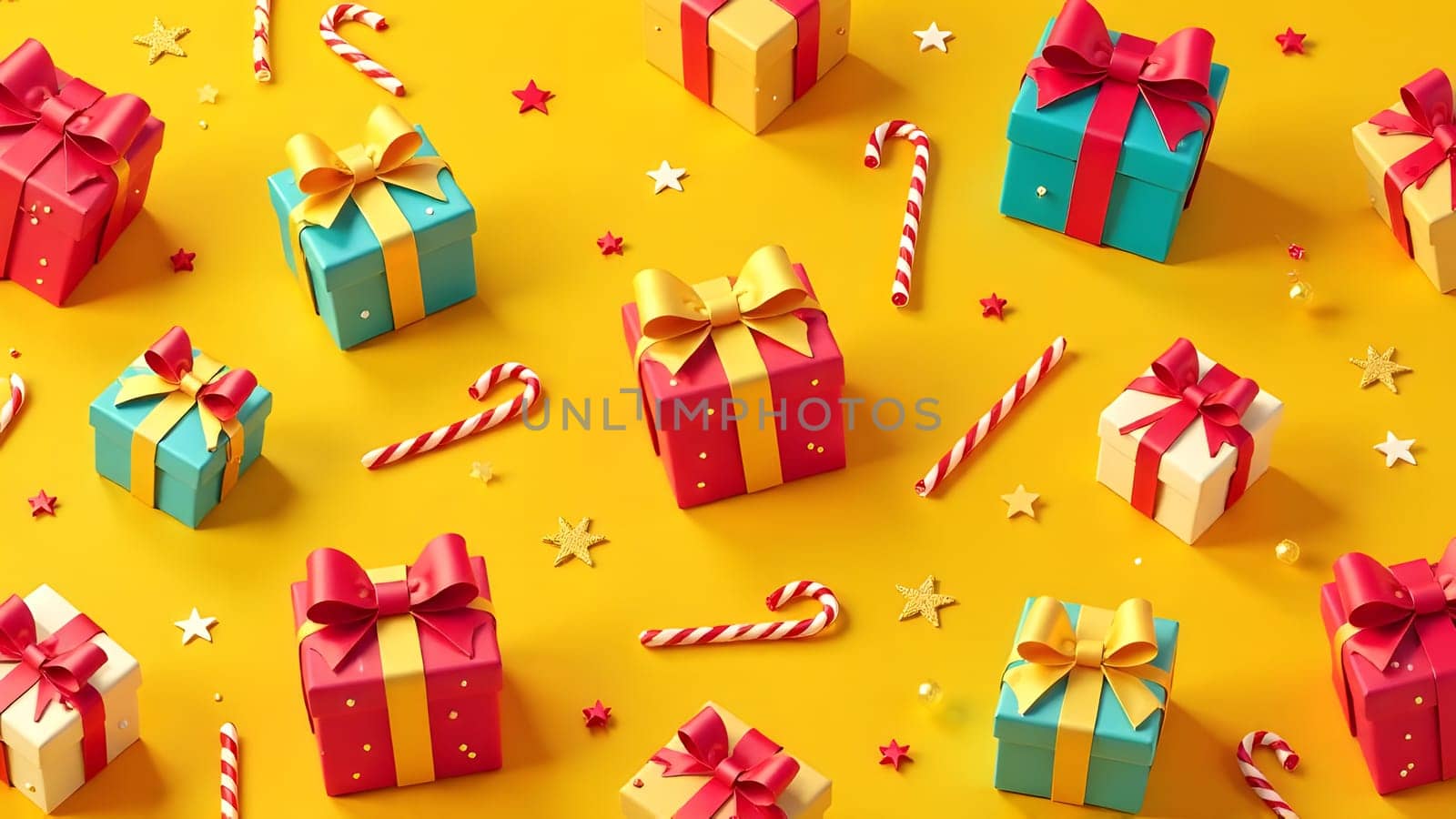 A symmetrical holiday pattern showcasing colorful presents with big bows, red-and-white candy canes, and tiny stars, elegantly arranged on a rich gold background for a joyful and festive atmosphere.