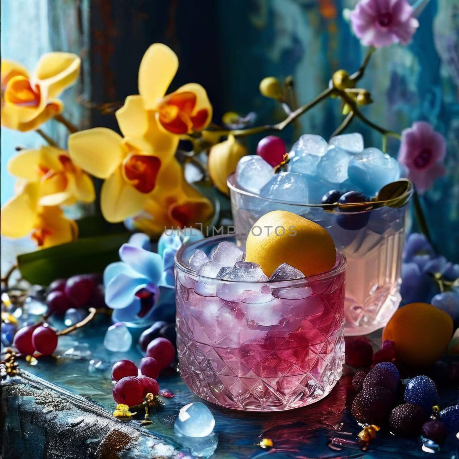Elegant purple orchid, ice-filled glass, lemon, and colorful spheres. Bright, modern aesthetic ideal for floral, wellness, or beverage themes