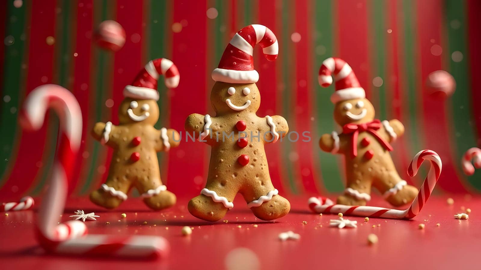 A whimsical image of gingerbread cookies, candy canes, and colorful lollipops dancing and rotating playfully on a festive red and green striped background.