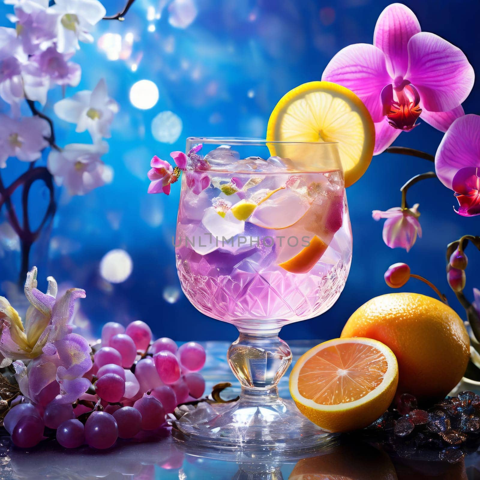 Elegant purple orchid, ice-filled glass, lemon, and colorful spheres. Bright, modern aesthetic ideal for floral, wellness, or beverage themes