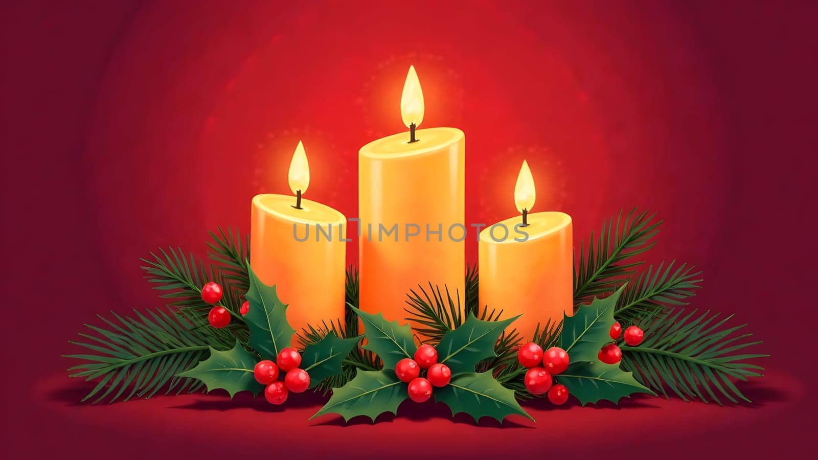 Elegant glowing candles surrounded by holly, red berries, and pine branches create a warm and festive holiday pattern on a deep red background.