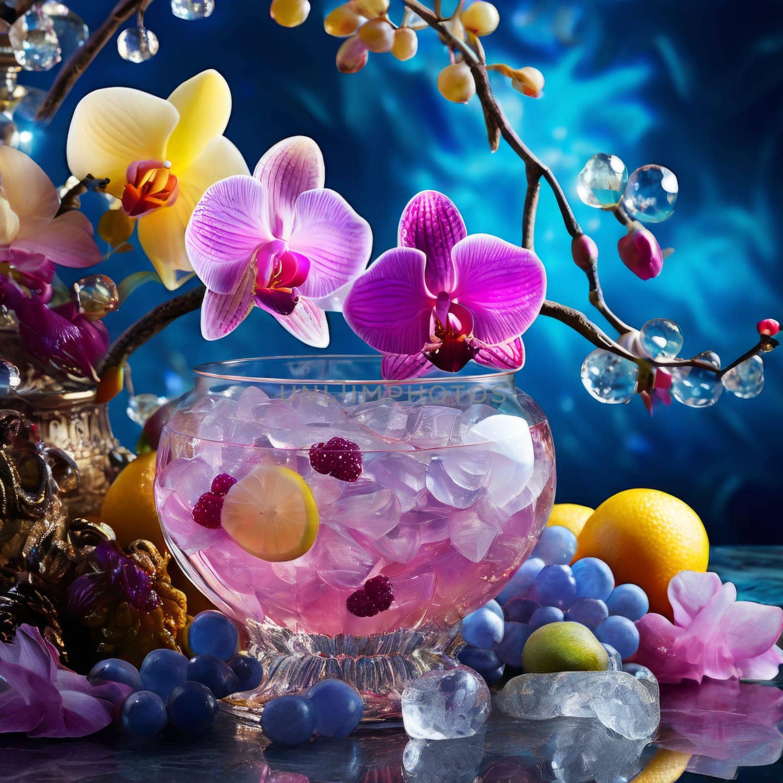 Elegant purple orchid, ice-filled glass, lemon, and colorful spheres. Bright, modern aesthetic ideal for floral, wellness, or beverage themes