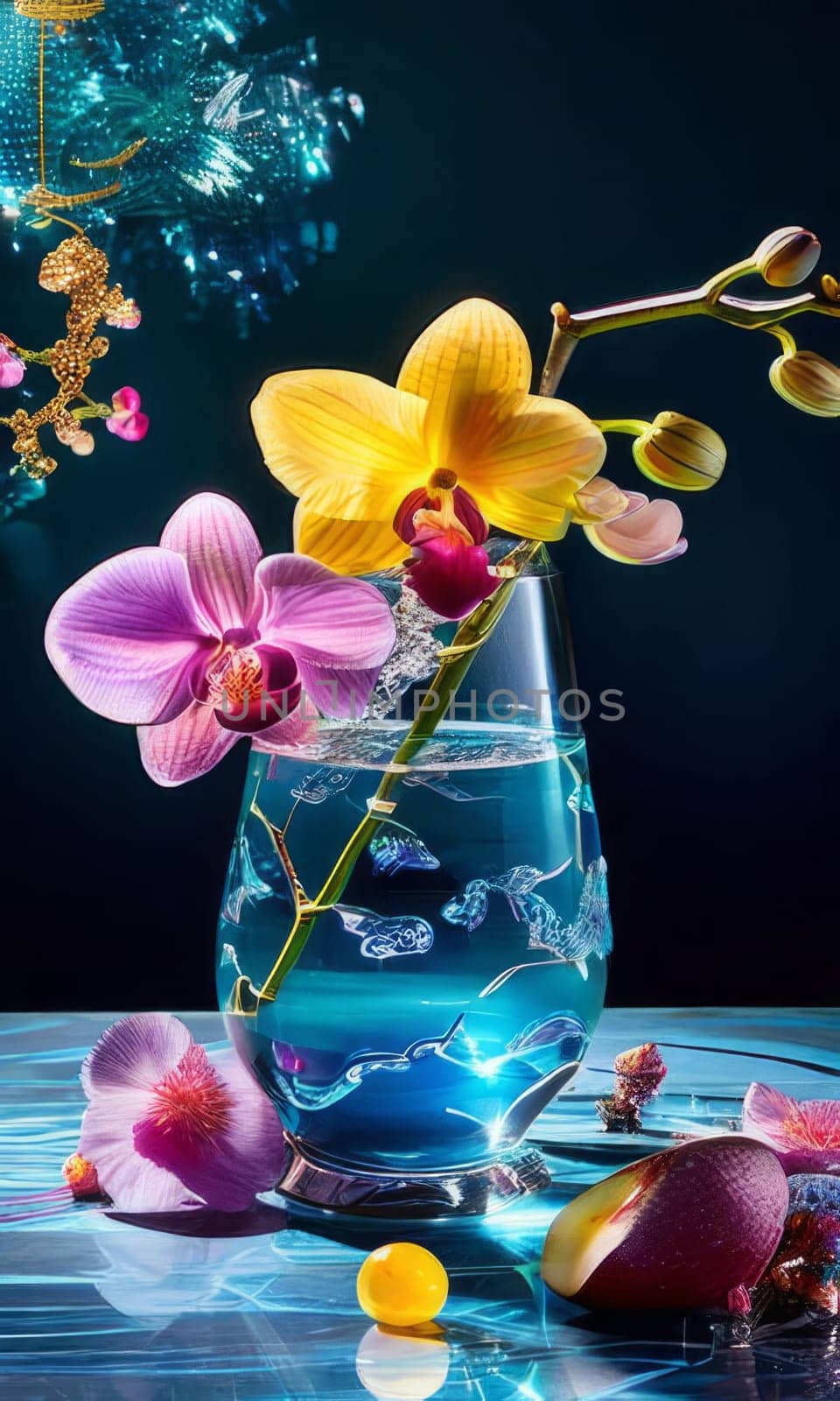 Elegant purple orchid, ice-filled glass, lemon, and colorful spheres. Bright, modern aesthetic ideal for floral, wellness, or beverage themes