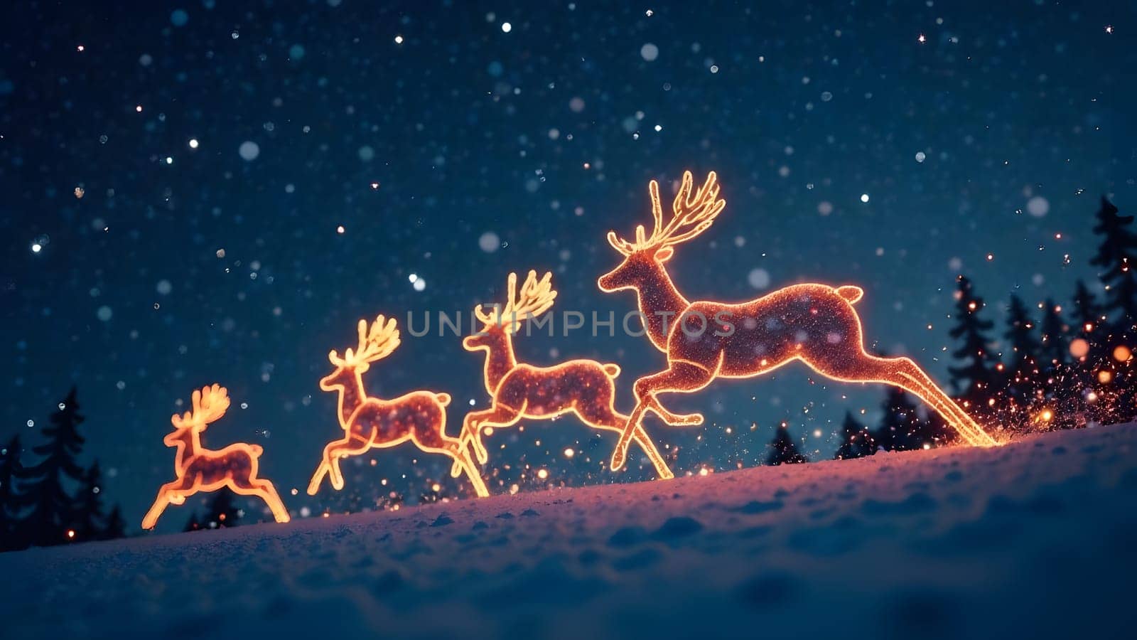 Glowing reindeer silhouettes leap gracefully across a starry sky in this whimsical image, leaving sparkling trails of light behind.