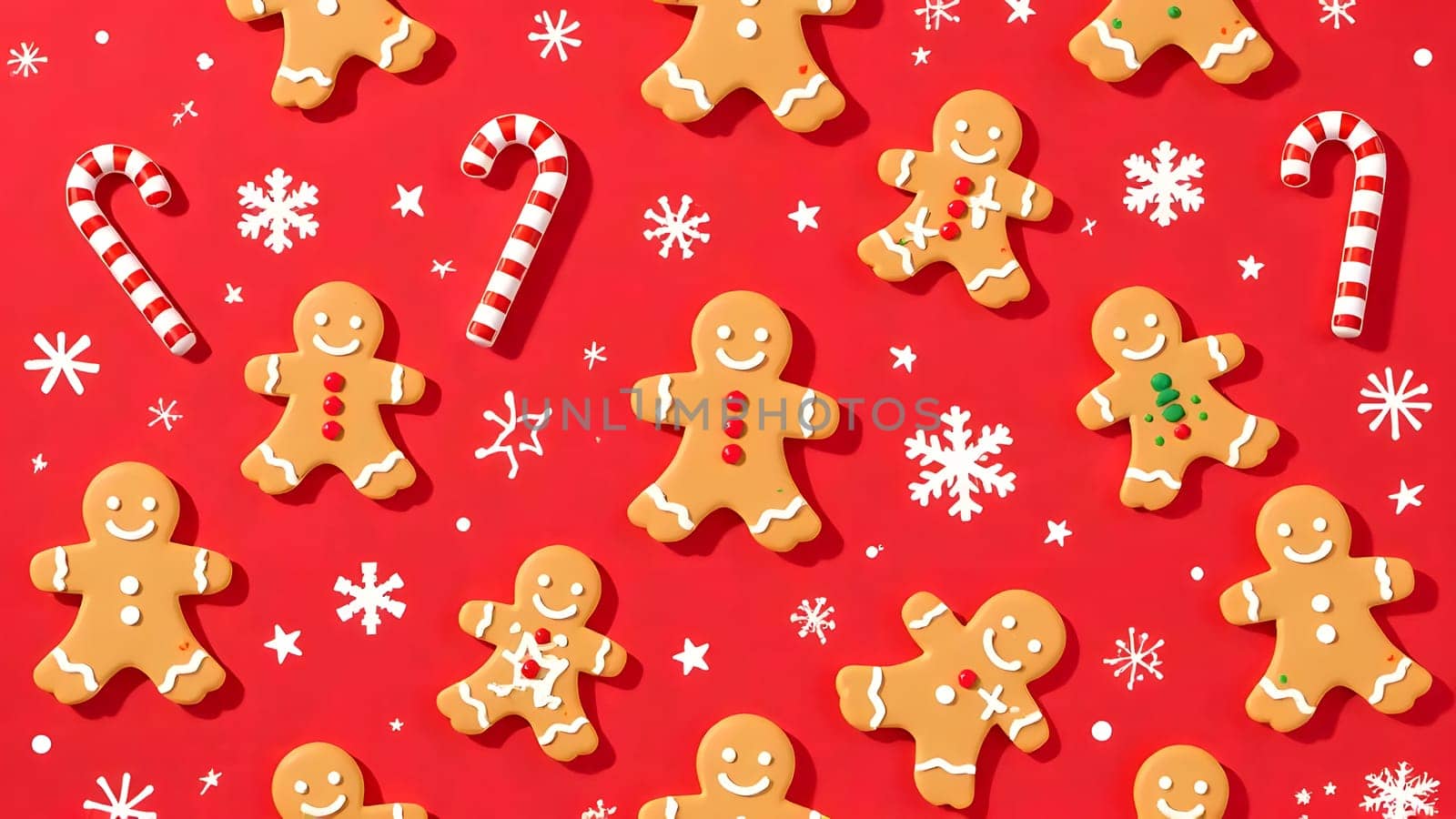 A whimsical seamless pattern featuring gingerbread cookies, red-and-white candy canes, and intricate snowflakes, symmetrically arranged on a vibrant red background for a playful Christmas vibe.
