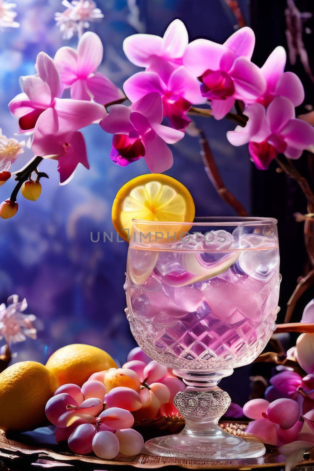 Purple orchid beside ice-filled glass, lemon, and vibrant spheres. Fresh and visually appealing, perfect for wellness, floral, or culinary designs