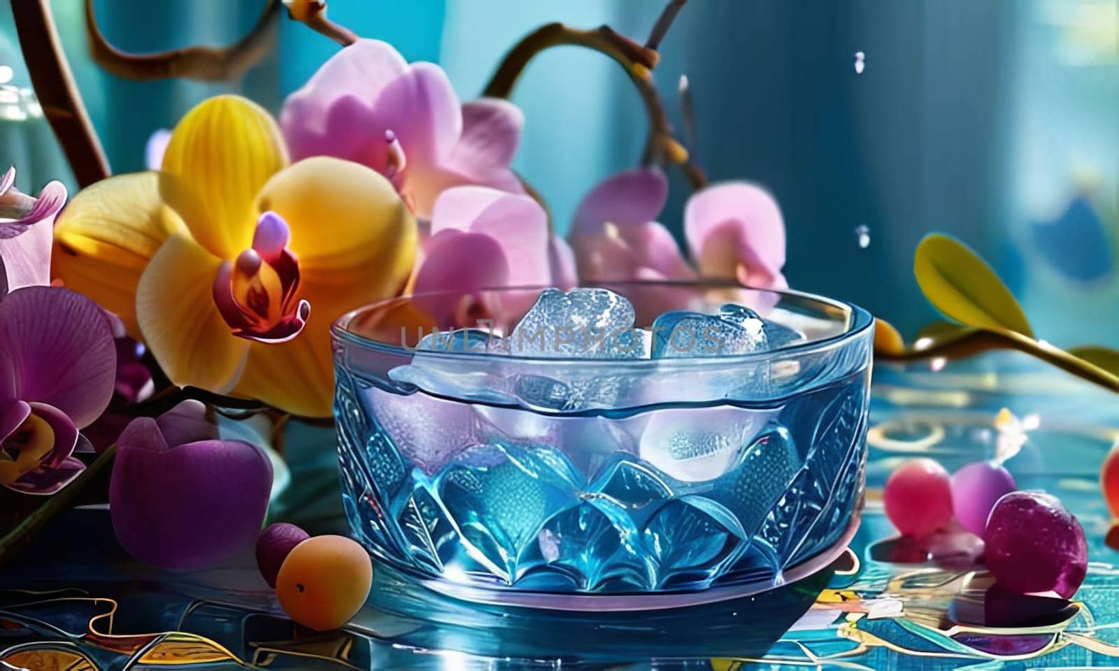 Purple orchid beside ice-filled glass, lemon, and vibrant spheres. Fresh and visually appealing, perfect for wellness, floral, or culinary designs