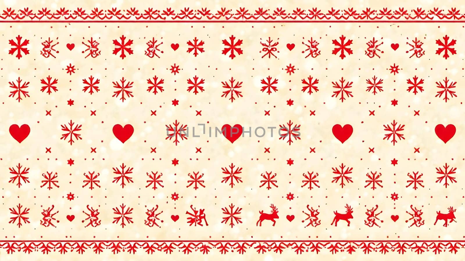 This seamless design draws inspiration from Scandinavian holiday patterns, featuring geometric snowflakes, hearts, and reindeer in a traditional red-and-white palette on a soft cream background.