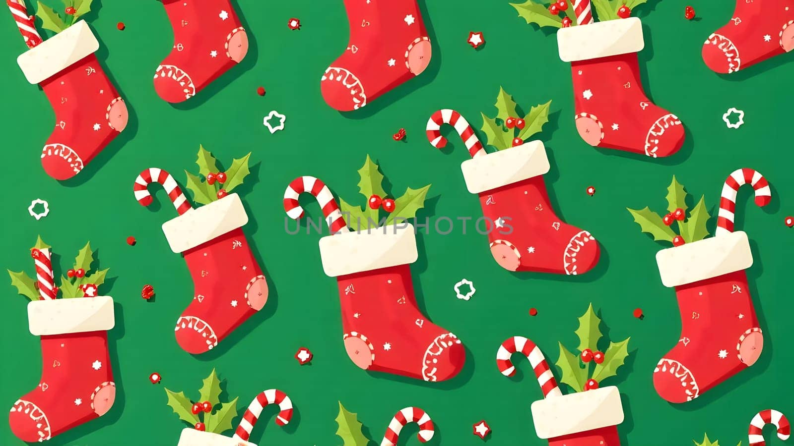 This festive pattern showcases Christmas stockings filled with candy canes, gifts, and holly leaves. The bright stockings are symmetrically arranged on a rich green background.