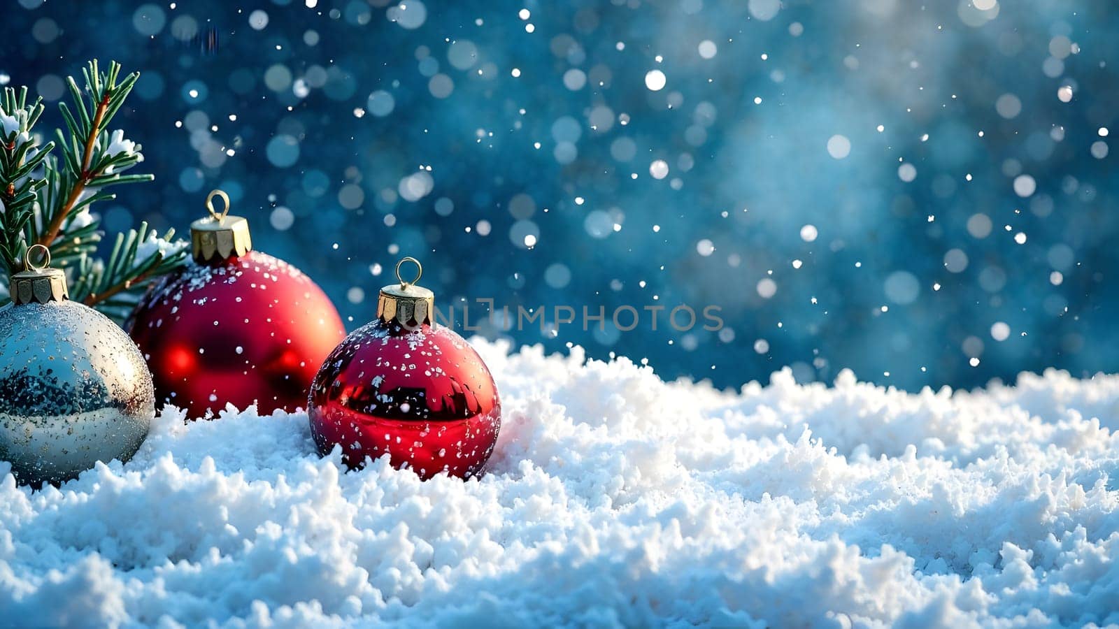 Christmas ornaments lie half-buried in soft snow, their glossy surfaces sparkling under gentle blue highlights. This seamless pattern creates a cozy winter feel.