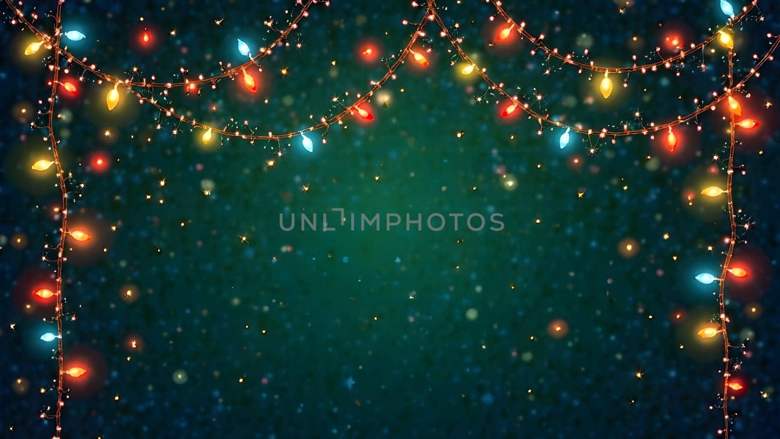 Glowing Christmas lights and garlands in bold multicolored shades, symmetrically woven into a seamless pattern on a dark green or black background, creating a dazzling holiday design.