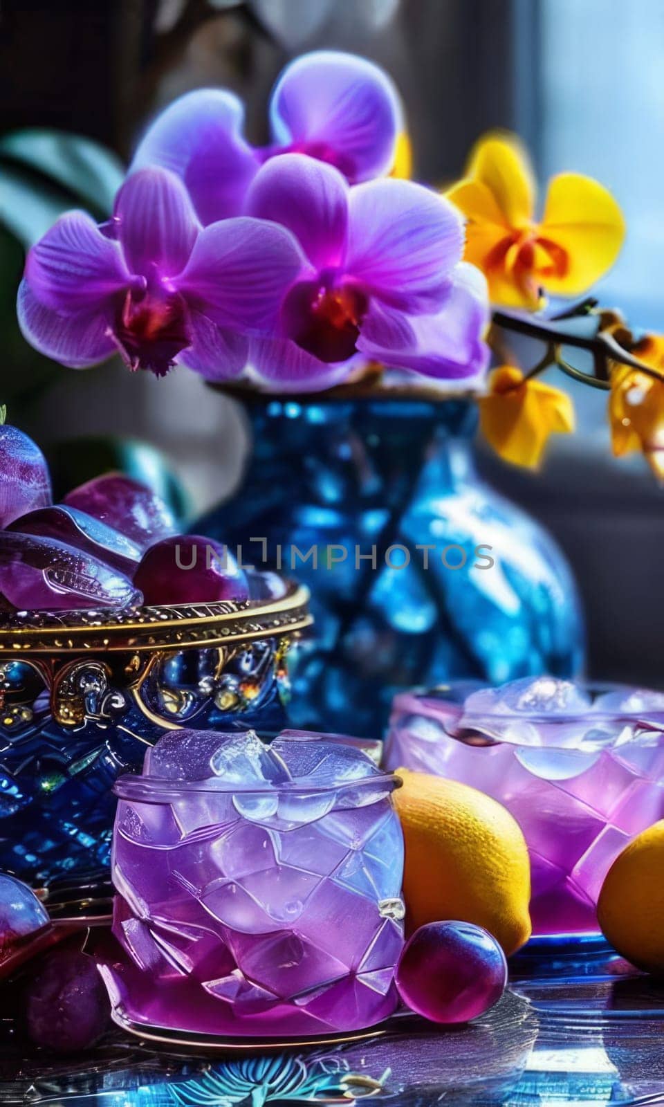 Stunning purple orchid with ice-filled glass, lemon, and vibrant spheres. Fresh and colorful composition ideal for floral, beverage, or wellness sectors