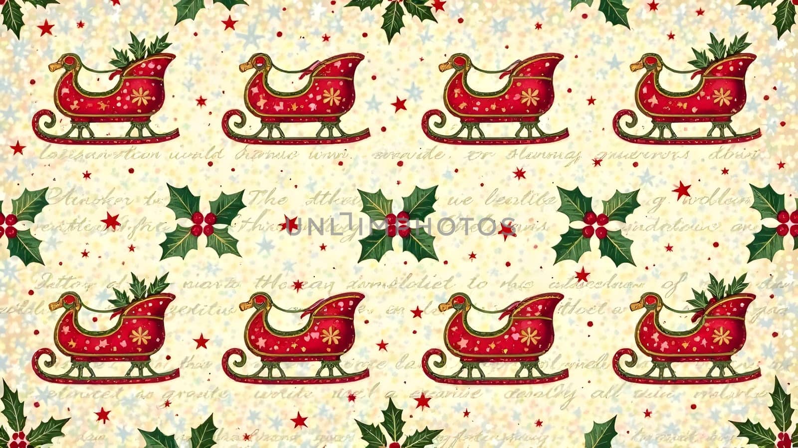 A vintage-inspired seamless pattern featuring old-fashioned sleighs, holly leaves, and handwritten greetings in muted red and green tones, arranged symmetrically for a nostalgic holiday charm.