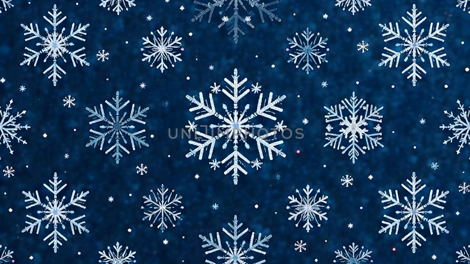 Intricate snowflakes and twinkling stars in soft white, silver, and icy blue, symmetrically placed on a rich navy background, create a seamless, frosty pattern, perfect for elegant Christmas and New Years designs.