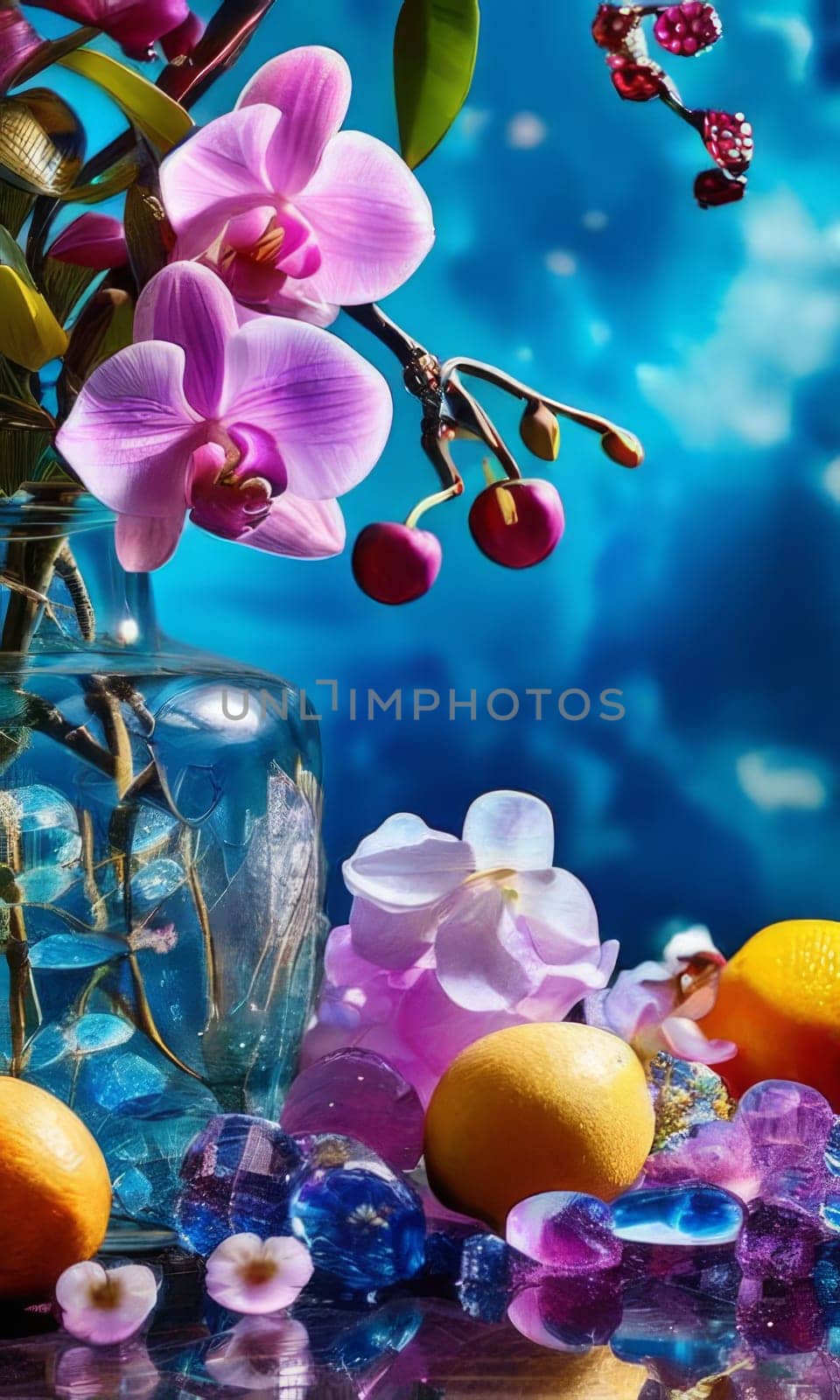 Stunning purple orchid with ice-filled glass, lemon, and vibrant spheres. Fresh and colorful composition ideal for floral, beverage, or wellness sectors